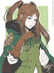 Rule 34 | 1girl, breasts, brown gloves, brown hair, buttons, coat, drag-on dragoon, drag-on dragoon 3, earrings, facial mark, forehead mark, four (drag-on dragoon), fur trim, gloves, green eyes, jacket, jacket on shoulders, jewelry, koyorin, long hair, roman numeral, small breasts, solo, twintails, waistcoat, watermark, web address