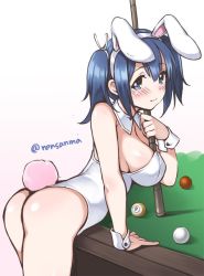 Rule 34 | 10s, 1girl, animal ears, ass, ball, bare shoulders, billiard ball, billiards, blue eyes, blue hair, blush, breasts, cleavage, cue stick, detached collar, fake animal ears, hairband, kantai collection, large breasts, leotard, looking at viewer, matching hair/eyes, playboy bunny, pool table, rabbit ears, ren san, short hair, smile, solo, souryuu (kancolle), table, twintails, wrist cuffs