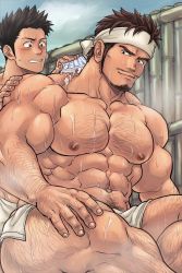 Rule 34 | 2boys, abs, bara, black hair, blush, body hair, brown hair, chun (luxtan), facial hair, feet out of frame, hairy, headband, highres, large pectorals, crossed legs, looking at another, male focus, manly, multiple boys, muscular, naked towel, navel, nipples, original, pectorals, short hair, stubble, thick thighs, thighs, towel, washing back, wet