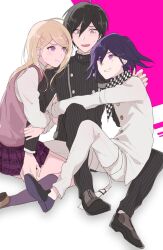 Rule 34 | 1girl, 2boys, :t, ahoge, akamatsu kaede, arm around neck, arm belt, arms around waist, belt, belt buckle, bisexual male, black hair, black jacket, black pants, black scarf, black sleeves, blonde hair, brown footwear, buckle, buttons, checkered clothes, checkered scarf, collared jacket, collared shirt, danganronpa (series), danganronpa v3: killing harmony, double-breasted, eyelashes, fingernails, fortissimo, full body, furrowed brow, grey eyes, grin, hair ornament, hand on another&#039;s back, high collar, highres, holding another&#039;s arm, hrwt dayo, hug, jacket, kneehighs, layered sleeves, long hair, long sleeves, looking at another, lower teeth only, miniskirt, multiple belts, multiple boys, musical note, musical note hair ornament, musical note print, necktie, nervous smile, oma kokichi, open mouth, orange necktie, pale skin, pants, pink background, pink eyes, pink skirt, pink vest, pinstripe jacket, pinstripe pants, pinstripe pattern, pleated skirt, pout, purple eyes, purple hair, purple socks, saihara shuichi, scarf, shirt, shoes, short hair, simple background, sitting, sitting on lap, sitting on person, skirt, smile, socks, sweat, sweatdrop, teeth, thigh belt, thigh strap, third-party source, two-tone background, two-tone scarf, vertical-striped sleeves, vest, white background, white belt, white jacket, white pants, white scarf, white shirt, white sleeves, white socks, yokozuwari
