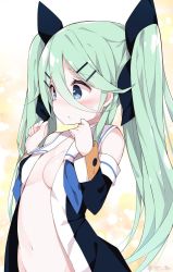 Rule 34 | 10s, 1girl, alternate hairstyle, bad id, bad twitter id, bare shoulders, black ribbon, blue neckerchief, blush, breasts, cleavage, detached sleeves, green eyes, green hair, groin, hair between eyes, hair ornament, hair ribbon, hairclip, hands up, kantai collection, long hair, medium breasts, midriff, navel, neckerchief, open clothes, open shirt, parted lips, ribbon, shirt, sleeve cuffs, sleeveless, sleeveless shirt, solo, stomach, sweatdrop, twintails, upper body, watanon (gakushokutei), yamakaze (kancolle)