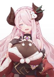 Rule 34 | 1girl, breasts, fur trim, fuyumitsu, granblue fantasy, hair over one eye, hand on own chest, head tilt, hors, japanese clothes, kimono, large breasts, long hair, narmaya (granblue fantasy), narmaya (holiday) (granblue fantasy), obi, one eye covered, pink hair, pointy ears, purple eyes, red kimono, sash, smile, snowman hair ornament, solo
