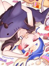 Rule 34 | 1girl, artist name, blue hair, candy, cephalopod eyes, chips (food), closed mouth, collarbone, commentary request, earrings, food, fukasukisugiru, holding, holding food, holding stuffed toy, jewelry, looking at viewer, lying, multiple earrings, nintendo, octoling, on back, pocky, potato chips, red eyes, shiver (splatoon), solo, splatoon (series), splatoon 3, stuffed animal, stuffed shark, stuffed toy, sunglasses, tentacle hair, tooth earrings, twitter username
