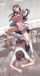 Rule 34 | 1boy, 1girl, ahoge, ane to muchi, apron, breasts, candy, classroom, femdom, food, frilled apron, frills, glasses, highres, indoors, kasuga shun, large breasts, lollipop, long hair, mouth hold, rimless eyewear, school, school uniform, shoes, sneakers, socks, stepped on, swirl lollipop, whip