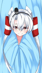 Rule 34 | 10s, 1girl, amatsukaze (kancolle), covering privates, curtains, hair tubes, hairband, kantai collection, looking at viewer, peeking out, red eyes, silver hair, smile, solo, tenken (gotannda), twintails, two side up, upper body
