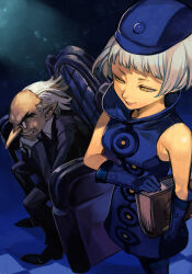 Rule 34 | 1boy, 1girl, armchair, balding, blue dress, blue gloves, book, chair, dark background, dress, elizabeth (persona), formal, gloves, grey hair, holding, holding book, hungry clicker, igor (persona), long nose, persona, persona 3, pointy ears, short hair, sitting, sleeveless, sleeveless dress, smile, standing, suit, velvet room, yellow eyes