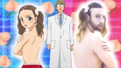 Rule 34 | 1girl, 2boys, anime de wakaru shinryounaika, brown hair, fruit, glasses, ladybeard, multiple boys, necktie, peach, shinnai ryou, twintails