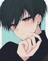 Rule 34 | 1boy, black hair, black sweater, blue background, blue eyes, blue lock, blush, closed mouth, frown, hand up, highres, itoshi rin, long sleeves, looking at viewer, male focus, natsuneco 02, portrait, short hair, solo, sweater, turtleneck, turtleneck sweater, v-shaped eyebrows