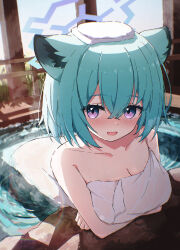 1girl absurdres animal_ears arms_under_breasts bare_shoulders blue_archive blue_halo blush breast_lift breasts cleavage collarbone commentary green_hair hair_between_eyes halo highres large_breasts leaning_forward leaning_on_object looking_at_viewer medium_hair moru_(moru20000) naked_towel onsen open_mouth purple_eyes shigure_(blue_archive) solo towel towel_on_head