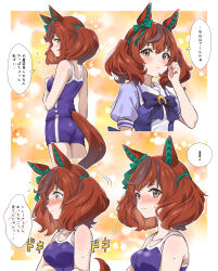 Rule 34 | !, 1girl, alternate costume, animal ears, ass, breasts, brown eyes, closed mouth, collarbone, commentary request, ear covers, highres, horse ears, horse girl, kurumiyasan ns, looking at viewer, medium breasts, medium hair, multiple views, nice nature (umamusume), red hair, ribbon, school swimsuit, school uniform, sweat, swimsuit, tracen swimsuit, translation request, umamusume