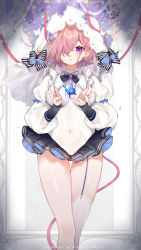 Rule 34 | 1girl, absurdres, blue butterfly, bow, breasts, bug, butterfly, covered navel, dress, earrings, fate/grand order, fate (series), garter straps, hair behind ear, hair over one eye, highres, insect, jewelry, large breasts, long sleeves, looking at viewer, mash kyrielight, moriyama meiko, parted lips, pink hair, puffy long sleeves, puffy sleeves, purple eyes, single thighhigh, solo, striped, striped bow, thighhighs, veil, white dress, white thighhighs