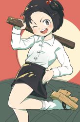 Rule 34 | 1girl, ;d, absurdres, black eyes, black hair, black skirt, geta, hair bobbles, hair ornament, hand on own hip, highres, holding, holding stick, jarinko chie, looking at viewer, one eye closed, open mouth, over shoulder, red background, shirt, short hair, skirt, smile, socks, standing, standing on one leg, stick, tairanoabokado, takemoto chie, weapon, weapon over shoulder, white shirt, white socks
