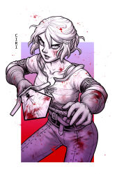 Rule 34 | 1girl, belt, blood, blood in hair, blood on clothes, blood on face, bloody weapon, bra strap, breasts, character name, ciri, collarbone, commentary, cowboy shot, english commentary, facial scar, foreshortening, gloves, highres, holding, holding knife, knife, limited palette, renedraws, scar, scar on cheek, scar on face, small breasts, smile, solo, the witcher (series), weapon