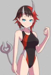 Rule 34 | 1girl, nanashi inc., alternate costume, black hair, black one-piece swimsuit, blue eyes, blush, breasts, chain, closed mouth, commentary, competition swimsuit, covered navel, cowboy shot, demon girl, demon horns, demon tail, ear chain, ear piercing, earrings, grey background, grey one-piece swimsuit, highres, horns, jewelry, kusha (madoukusya12), large breasts, looking at viewer, multicolored clothes, multicolored hair, multicolored swimsuit, one-piece swimsuit, piercing, pointy ears, red hair, red one-piece swimsuit, ryugasaki rene, short hair, simple background, smile, solo, sugar lyric, swimsuit, tail, two-tone hair, virtual youtuber