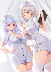 Rule 34 | 2girls, absurdres, alternate costume, ass, azur lane, blue bra, blue panties, blunt bangs, blush, bra, breasts, cleavage, clipboard, closed mouth, collarbone, commentary, cowboy shot, curtains, dido (azur lane), earrings, grey hair, hand on own hip, hat, highres, holding, indoors, jewelry, large breasts, long hair, looking at viewer, multiple girls, nurse, nurse cap, panties, pdxen, pink eyes, purple eyes, red bra, red eyes, red panties, short hair, short sleeves, sirius (azur lane), skindentation, smile, symbol-only commentary, syringe, thighhighs, underwear, white headwear, white legwear, wing collar