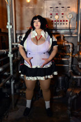 Rule 34 | 1girl, absurdres, asian, black hair, breasts, cleavage, cosplay, fat, highres, hoshima mika, huge breasts, long hair, maaru tougou, maaru tougou (cosplay), photo (medium), pochamaider, solo, thick thighs, thighs, twintails, wide hips
