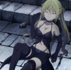 Rule 34 | 10s, 1girl, black footwear, black thighhighs, blonde hair, boots, breasts, cleavage, elbow gloves, closed eyes, fishnet thighhighs, fishnets, gloves, highres, lieselotte sherlock, medium breasts, screencap, solo, stitched, thigh boots, thighhighs, third-party edit, trinity seven, twintails, zettai ryouiki
