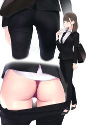 Rule 34 | 1girl, absurdres, ama mitsuki, ass, ass focus, bag, black footwear, black jacket, black pants, blouse, blush, breasts, brown eyes, brown hair, cellphone, close-up, closed mouth, clothes pull, collared shirt, formal, from behind, half updo, highres, holding, holding phone, jacket, long hair, long sleeves, lower body, non-web source, office lady, original, pant suit, panties, pants, pants pull, phone, purple panties, scan, shirt, shoulder bag, sidelocks, smartphone, standing, suit, thighs, underwear, walking, white shirt