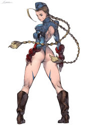 Rule 34 | 1girl, ahoge, alternate color, artist name, ass, blonde hair, blue eyes, boots, braid, breasts, cammy white, camouflage, closed mouth, commentary, facial scar, fingerless gloves, from behind, full body, garrison cap, gloves, hat, highleg, highleg leotard, highres, knee boots, kotatsu (g-rough), leotard, lips, long sleeves, looking at viewer, looking back, median furrow, medium breasts, scar, scar on cheek, scar on face, shadaloo dolls, signature, simple background, solo, street fighter, street fighter zero (series), thighs, turtleneck, twin braids, twintails, white background, white leotard