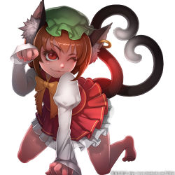 Rule 34 | 1girl, ;3, animal ear fluff, animal ears, arm support, bare legs, barefoot, bow, bowtie, brown hair, cat ears, cat tail, chen, closed mouth, eyelashes, flat chest, full body, green hat, hand up, hat, heart, heart tail, highres, juliet sleeves, long sleeves, looking at viewer, mob cap, multiple tails, nekomata, one eye closed, paw pose, petticoat, pleated skirt, puffy sleeves, red eyes, red skirt, red vest, short hair, simple background, skirt, sleeves past wrists, solo, tail, toes, touhou, two tails, vest, white background, yellow bow, yellow bowtie, zhaoyebai