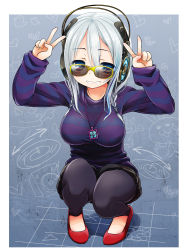 Rule 34 | 1girl, blue eyes, blush, braid, breasts, double v, glasses, grin, headphones, high heels, jewelry, kneeling, kuromaru9, large breasts, leggings, long hair, necklace, original, pantyhose, shoes, sleeves past wrists, smile, solo, sunglasses, sweater, twin braids, v, white hair