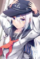 Rule 34 | 1girl, anchor symbol, black sailor collar, blue eyes, commentary request, flat cap, hair between eyes, hat, hibiki (kancolle), highres, holding, holding clothes, holding hat, kantai collection, long hair, looking at viewer, neckerchief, red neckerchief, sailor collar, school uniform, serafuku, solo, tateishi kureha, twitter username, upper body, white hair