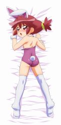 Rule 34 | 00s, 1girl, absurdres, animal ears, back, bed, blush, breasts, cleft of venus, clothing aside, dakimakura (medium), fake animal ears, fine (futagohime), flat chest, from above, full body, fushigiboshi no futago hime, highres, leotard, leotard aside, looking back, lying, on stomach, open mouth, playboy bunny, pussy, rabbit ears, red eyes, red hair, sideboob, small breasts, solo, sugimura tomokazu, thighhighs, twintails, uncensored, white thighhighs, wrist cuffs