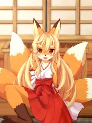 Rule 34 | 1girl, blonde hair, female focus, fox, furry, furry female, highres, japanese clothes, kida kuro mu, long hair, multiple tails, open mouth, red eyes, solo, tail