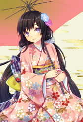 Rule 34 | 1girl, blue flower, blush, bow, brown hair, closed mouth, egasumi, floral print, flower, hair flower, hair ornament, head tilt, holding, holding umbrella, japanese clothes, kimono, large bow, long hair, long sleeves, looking at viewer, low-tied long hair, low twintails, obi, original, pink flower, pink kimono, print kimono, purple eyes, sash, seiza, sitting, smile, solo, subaru (hz), twintails, umbrella, very long hair, wide sleeves