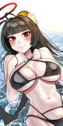 Rule 34 | 1girl, absurdres, ahoge, bare shoulders, beach, bikini, black bikini, black hair, black wings, blue archive, blunt bangs, blush, breast suppress, breasts, breasts apart, closed mouth, cowboy shot, criss-cross halter, dark halo, dutch angle, embarrassed, floating, hair intakes, halo, halterneck, highres, jazz jack, large breasts, linea alba, long hair, low wings, lying, navel, on back, ponytail, red eyes, red halo, skindentation, solo, strap gap, swimsuit, tsurime, tsurugi (blue archive), tsurugi (swimsuit) (blue archive), water, wings