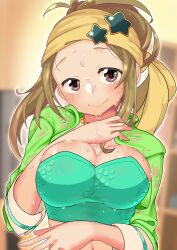 Rule 34 | 1girl, absurdres, blurry, blurry background, blush, breasts, brown hair, check commentary, collarbone, commentary, commentary request, costume, crop top, dripping, forehead, green jacket, hand on own chest, head tilt, highres, idolmaster, idolmaster cinderella girls, jacket, kurushima gire, large breasts, looking at viewer, manabe itsuki, midriff peek, nervous sweating, open clothes, open jacket, purple eyes, sidelocks, smile, sweat, sweaty clothes, very sweaty, wet, wet clothes, wet hair