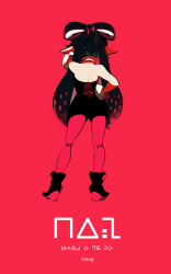 Rule 34 | 1girl, ankle boots, back, bare shoulders, black footwear, black hair, boots, callie (splatoon), contrapposto, cross-laced clothes, detached collar, from behind, full body, hand on own hip, highres, inkling, legs apart, long hair, nintendo, pantyhose, pointy ears, red background, red pantyhose, red theme, seto (asils), short jumpsuit, simple background, solo, splatoon (series), splatoon 1, standing, strapless, wrist cuffs