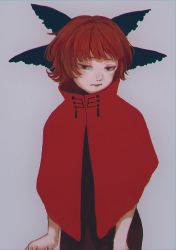 Rule 34 | black bow, black shirt, bow, cape, chromatic aberration, closed mouth, disembodied head, hair bow, highres, looking at viewer, red cape, red eyes, red hair, sekibanki, shirt, short hair, solo, touhou, zero nana
