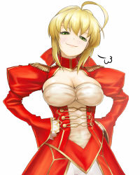 Rule 34 | 10s, 1girl, ahoge, bad id, bad pixiv id, blonde hair, breasts, cleavage, dress, dudufedu, epaulettes, fate/extra, fate/stay night, fate (series), green eyes, hair ribbon, half-closed eyes, hands on own hips, large breasts, looking at viewer, narrowed eyes, nero claudius (fate), nero claudius (fate) (all), nero claudius (fate/extra), ribbon, simple background, smile, smug, solo, white background