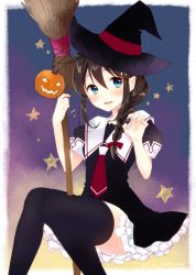 Rule 34 | 10s, 1girl, :d, adapted costume, artist name, black hair, black thighhighs, blue eyes, blush, braid, broom, commentary request, dated, hair flaps, hat, jack-o&#039;-lantern, kantai collection, long hair, naoto (tulip), necktie, open mouth, pumpkin, sailor collar, shigure (kancolle), shigure kai ni (kancolle), smile, solo, star (symbol), thighhighs, witch hat, zettai ryouiki