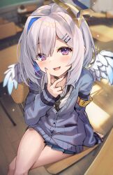 Rule 34 | 1girl, :d, amane kanata, angel, angel wings, armband, bare legs, blue hair, cardigan, classroom, colored inner hair, desk, grey hair, hair ornament, hairclip, highres, hololive, hopepe, looking at viewer, miniskirt, multicolored hair, necktie, on desk, open mouth, purple eyes, school uniform, short hair, single hair intake, sitting, on desk, skirt, smile, solo, virtual youtuber, wings