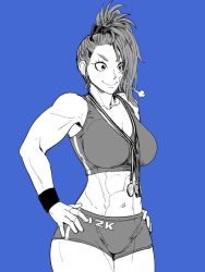 Rule 34 | 1girl, abs, artist request, blue background, breasts, captain mizuki, cowboy shot, hands on own hips, large breasts, medal, midriff, muscular, muscular female, one-punch man, ponytail, short shorts, shorts, simple background, snort, source request, standing, tank top, toned, topknot