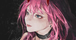 Rule 34 | 1girl, absurdres, bare shoulders, black background, black choker, blue eyes, choker, closed mouth, commentary, darling in the franxx, earrings, eyeliner, highres, horns, jewelry, light blush, liudaohai6001, long hair, looking to the side, makeup, messy, pink eyebrows, pink hair, red eyeliner, red horns, serious, shadow, single earring, traditional media, very long hair, zero two (darling in the franxx)