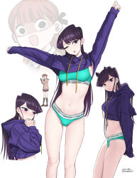 Rule 34 | 2girls, absurdres, arms up, artist name, averting eyes, blush, bra, breasts, calvin klein, commentary, cropped hoodie, dismaiden, drawstring, english commentary, from side, groin, hands up, highres, hood, hood down, hoodie, komi-san wa komyushou desu, komi shouko, legs apart, light brown hair, long hair, long sleeves, looking at another, looking at viewer, looking to the side, medium breasts, multiple girls, multiple views, navel, no pants, no pupils, nose blush, outstretched arms, panties, parted lips, purple eyes, purple hair, simple background, sleeves past wrists, sports bra, standing, stretching, swept bangs, tearing up, teeth, thighs, twitter username, underwear, upper teeth only, very long hair, white background, wide-eyed, yamai ren, zoom layer