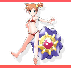 Rule 34 | 1girl, armlet, barefoot, bikini, blue eyes, bow, breasts, creatures (company), feet, game freak, gen 1 pokemon, groin, gym leader, hair between eyes, hair bow, hair ornament, hand on own hip, highres, misty (pokemon), nintendo, one side up, outstretched arm, pokemon, pokemon (creature), pokemon lgpe, red bikini, ribbon, shadow, short hair, sideboob, small breasts, soles, star (symbol), star hair ornament, starmie, swimsuit, takaya n, white background, white ribbon