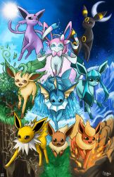Rule 34 | :3, absurdres, blue eyes, brown eyes, closed mouth, creatures (company), eevee, electricity, espeon, evolutionary line, fire, flareon, game freak, gen 1 pokemon, gen 2 pokemon, gen 4 pokemon, gen 6 pokemon, glaceon, grass, highres, ice, jolteon, leaf, leafeon, looking at another, looking at viewer, moon, nature, nintendo, no humans, open mouth, pokemon, pokemon (creature), pokurimio, purple eyes, red eyes, running, sky, smile, sun, sylveon, umbreon, vaporeon, walking, water
