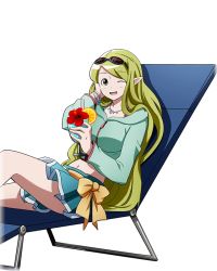 Rule 34 | 1girl, ;d, aqua skirt, aqua sweater, blush, breasts, brown eyes, chair, cup, drinking glass, eyewear on head, flower, green hair, hibiscus, holding, holding cup, holding drinking glass, jewelry, large breasts, log horizon, long hair, looking at viewer, lounge chair, marielle (log horizon), midriff, navel, necklace, official art, one eye closed, open mouth, pointy ears, red flower, sitting, skirt, smile, solo, stomach, sunglasses, sweater, transparent background, very long hair