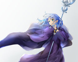 Rule 34 | 1girl, ameshiki, blue eyes, blue hair, braid, cape, medea (fate), commentary request, dress, fate/grand order, fate (series), grey background, holding, holding staff, light frown, long dress, looking to the side, pointy ears, purple cape, purple dress, short hair, side braid, solo, staff