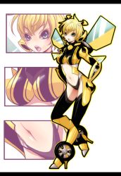 Rule 34 | blonde hair, breasts, bumblebee, cofe, gender request, genderswap, green eyes, hands on own hips, high heels, hip focus, image sample, navel, open mouth, personification, pixiv sample, resized, shoes, short hair, simple background, thighhighs, transformers, wheel, wings