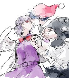 Rule 34 | 2girls, asakura noi, belt, blue eyes, blue hair, breasts, capelet, collared shirt, doremy sweet, face-to-face, hat, holding hands, imminent kiss, jacket, kishin sagume, multiple girls, necktie, nightcap, pom pom (clothes), red eyes, shirt, short hair, silver hair, simple background, single wing, sketch, skirt, touhou, upper body, white background, wings, yuri