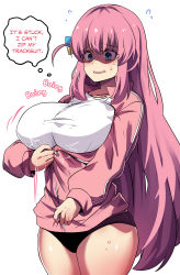 Rule 34 | 1girl, absurdres, black panties, blue eyes, bocchi the rock!, breasts, commentary, cube hair ornament, english commentary, english text, flying sweatdrops, gotoh hitori, hair between eyes, hair ornament, highres, hinghoi, huge breasts, inconvenient breasts, jacket, large breasts, long hair, long sleeves, nervous, one side up, panties, pink hair, shaded face, sidelocks, simple background, solo, speech bubble, stuck, sweatdrop, track jacket, underwear, white background, zipper pull tab
