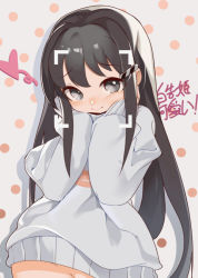 Rule 34 | 1girl, text background, black hair, blush, closed mouth, commentary request, grey background, grey eyes, grey sweater, groin, hair ornament, hairclip, hands on own face, hands up, heart, highres, long hair, long sleeves, looking at viewer, no panties, original, out-of-frame censoring, polka dot, polka dot background, puffy long sleeves, puffy sleeves, sakurami sumi, simple background, sleeves past wrists, smile, solo, sweater, translation request, upper body, very long hair, viewfinder