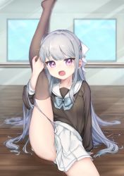 Rule 34 | 1girl, blue bow, blue bowtie, blue panties, blue sky, blurry, blurry background, blush, bow, bowtie, brown shirt, brown thighhighs, commentary request, copyright request, day, depth of field, hair ribbon, highres, indoors, leg up, long hair, long sleeves, looking at viewer, mirror, nekono moni, no shoes, open mouth, panties, pink eyes, pleated skirt, reflection, ribbon, sailor collar, school uniform, serafuku, shirt, silver hair, skirt, sky, sleeves past wrists, solo, thighhighs, underwear, very long hair, white ribbon, white sailor collar, white skirt, window, wooden floor