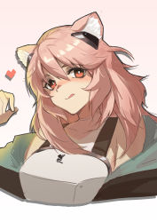 Rule 34 | 1girl, animal ear fluff, animal ears, arknights, armor, blush, breasts, close-up, closed mouth, collarbone, gravel (arknights), hair between eyes, hair ornament, heart, highres, hood, hoodie, lips, long hair, looking at viewer, naxu, pink hair, portrait, red eyes, simple background, sleeveless, solo, strap, tongue, tongue out