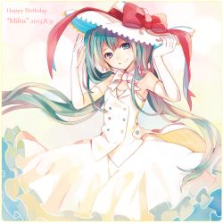 Rule 34 | 10s, 1girl, 2013, bow, bowtie, character name, dated, elbow gloves, gloves, hand on headwear, happy birthday, hat, hatsune miku, long hair, looking at viewer, simple background, skirt, smile, solo, sun hat, tama (songe), twintails, very long hair, vocaloid